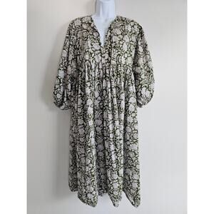House of Sundar Dress Womens XL Sara Green Floral Cotton Boho India Cottage Midi